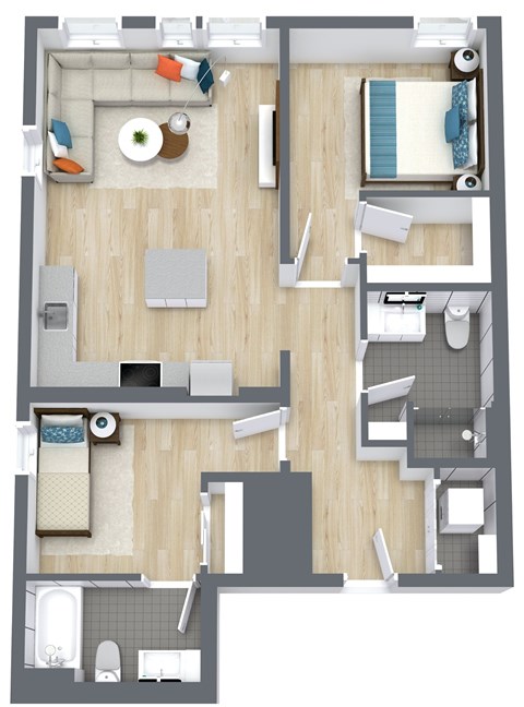 Floor plan for 2 beds, 2 baths, 1006 sqft